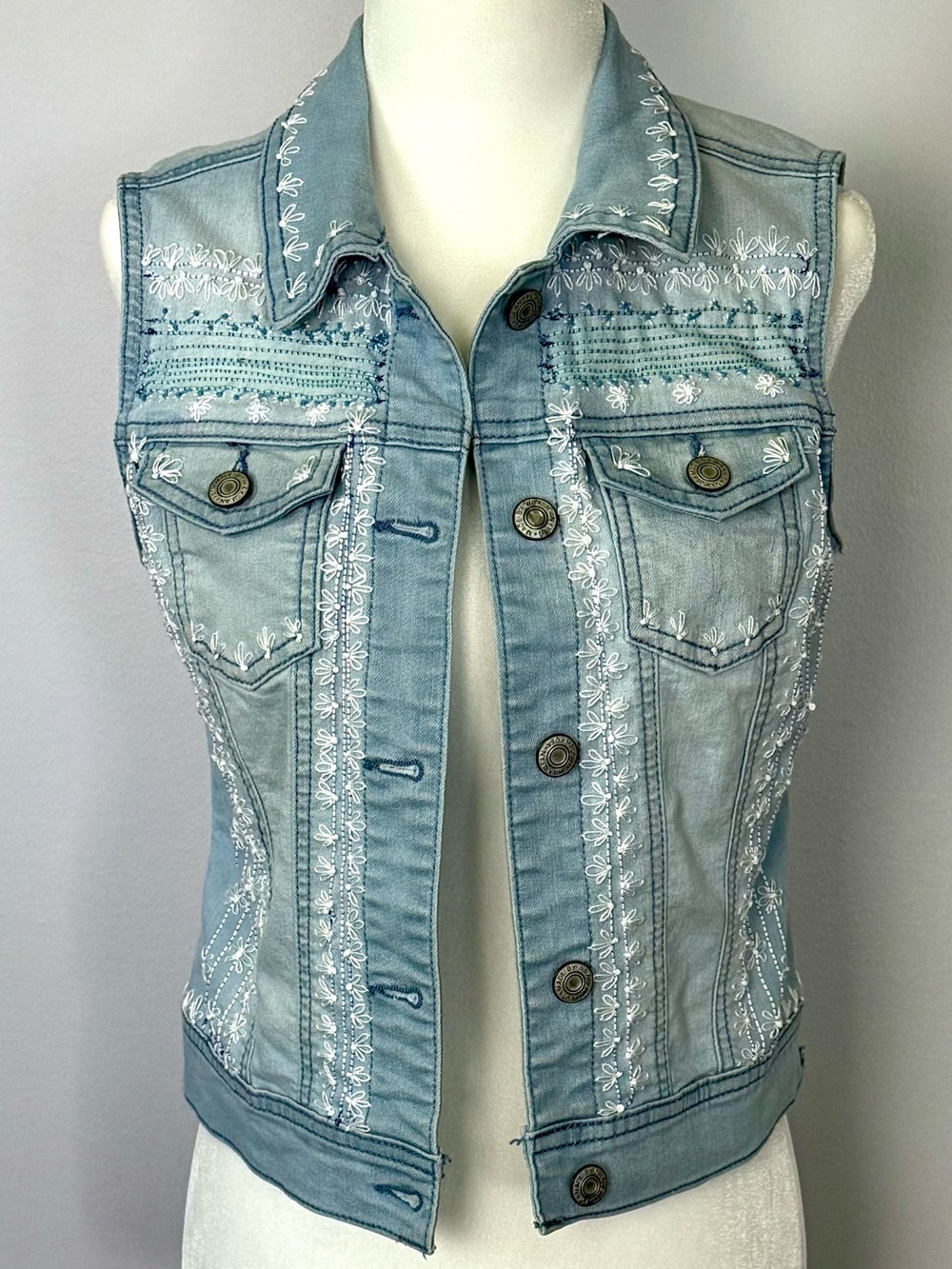 Upcycled Bohemian Hand-Embroidered Light Wash Denim Vest in Light Blue